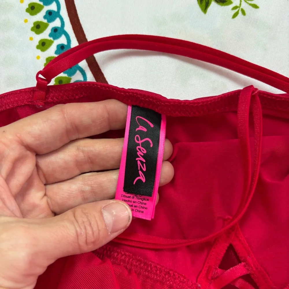 La SENZA Red Chemise with Satin Sheen Lace Detail Criss-Cross Nightwear - Picture 4 of 9